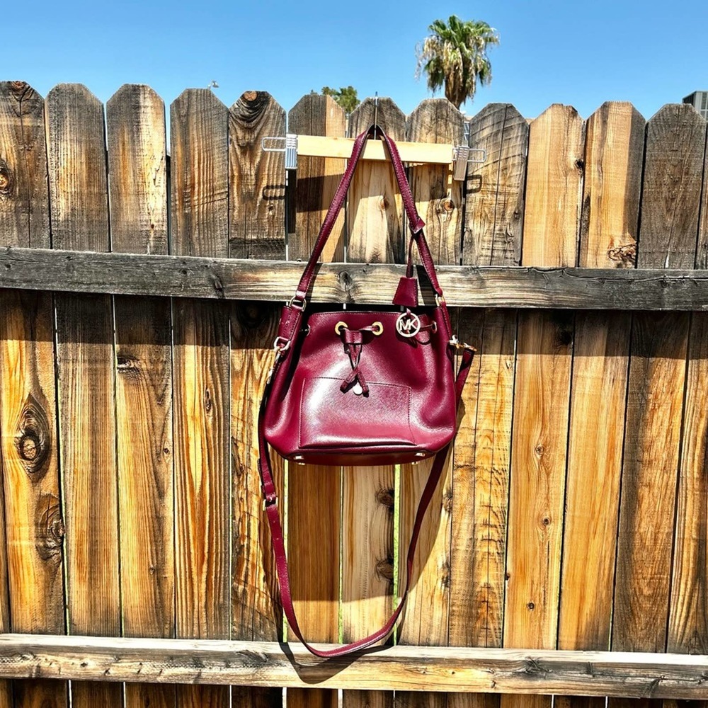 Michael Kors Burgundy Leather Drawstring Shoulder Bag